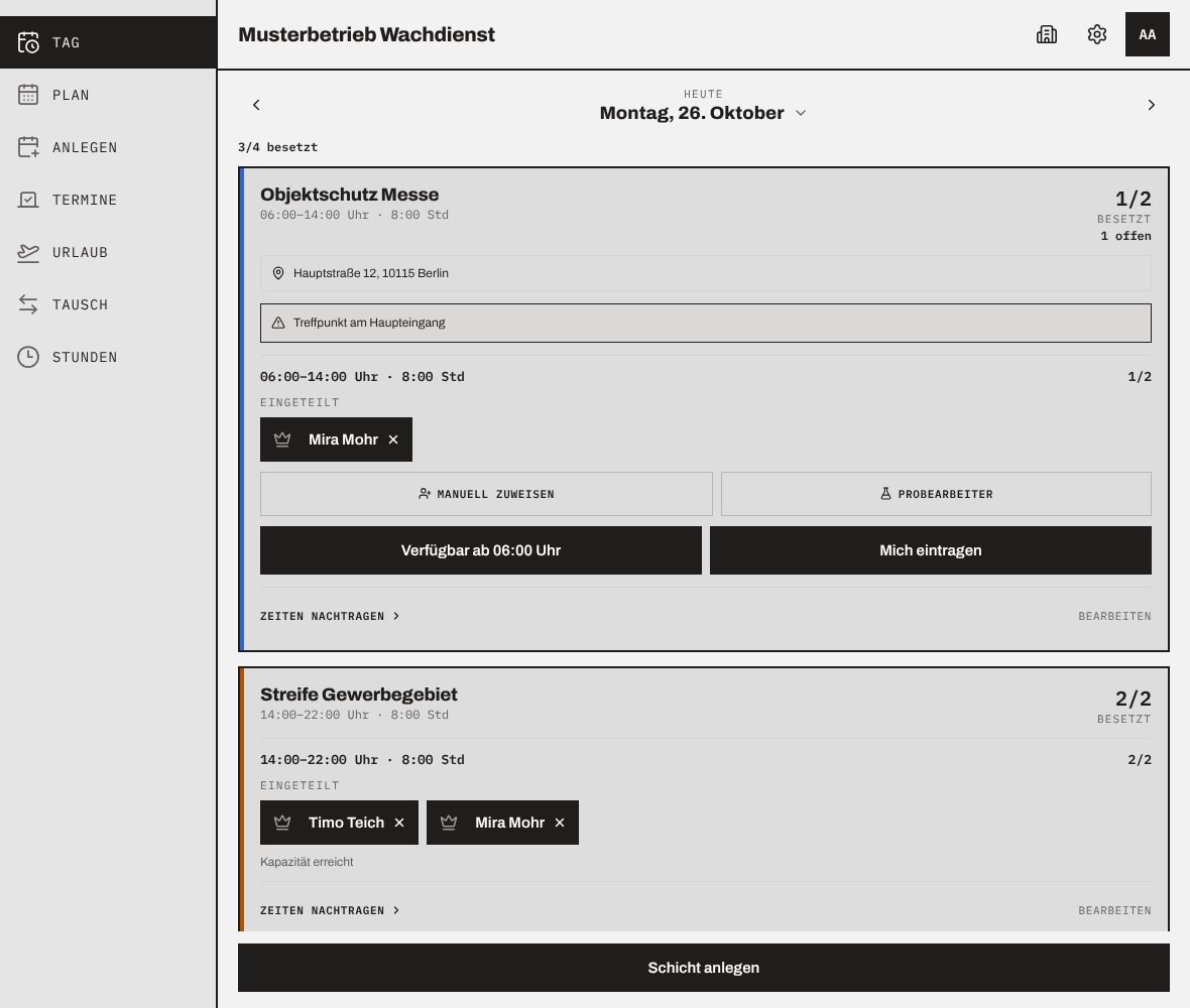 Eintakt auf dem Tablet: die Tagesansicht mit zwei Schichten, Besetzung und eingeteilten Personen
